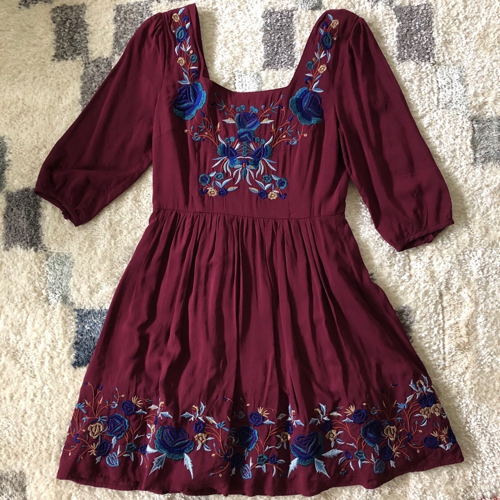 NWT ModCloth Burgundy Dress with Floral Stitching
